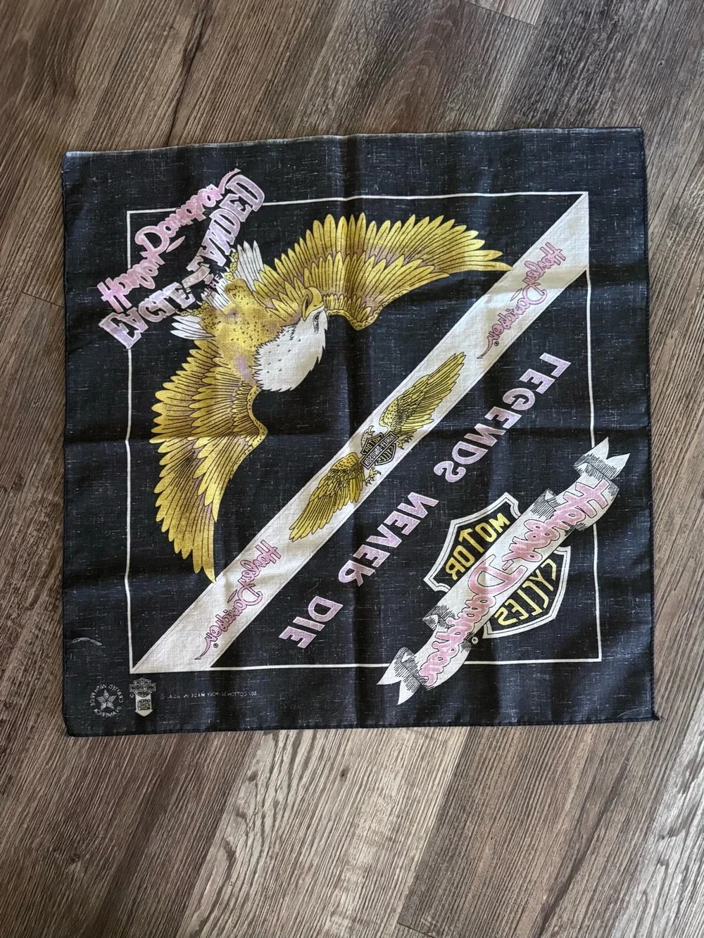 Harley-Davidson Vintage  Black Bandana with Yellow Eagle and Pink Script